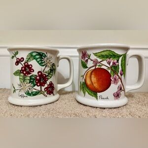 Vintage Lauffer Stoneware Botanical Coffee and Peach Design Mugs